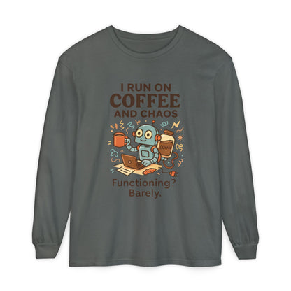 Coffee Chaos Long Sleeve Tee, Funny T-Shirt, Quirky Gift for Coffee Lovers, Unisex Top for Busy Lives, Work from Home Humor Tee