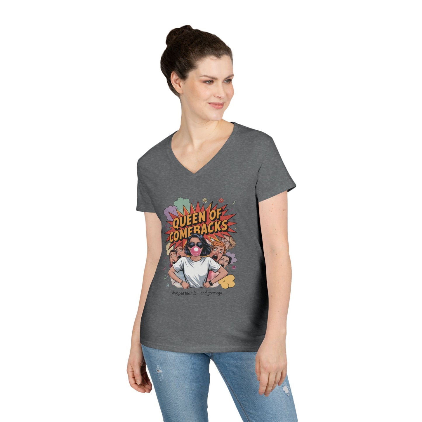 Queen of Comebacks V-Neck T-Shirt, Funny Graphic Tee, Gift for Friends, Humor Apparel, Casual Wear, Comedic Shirt