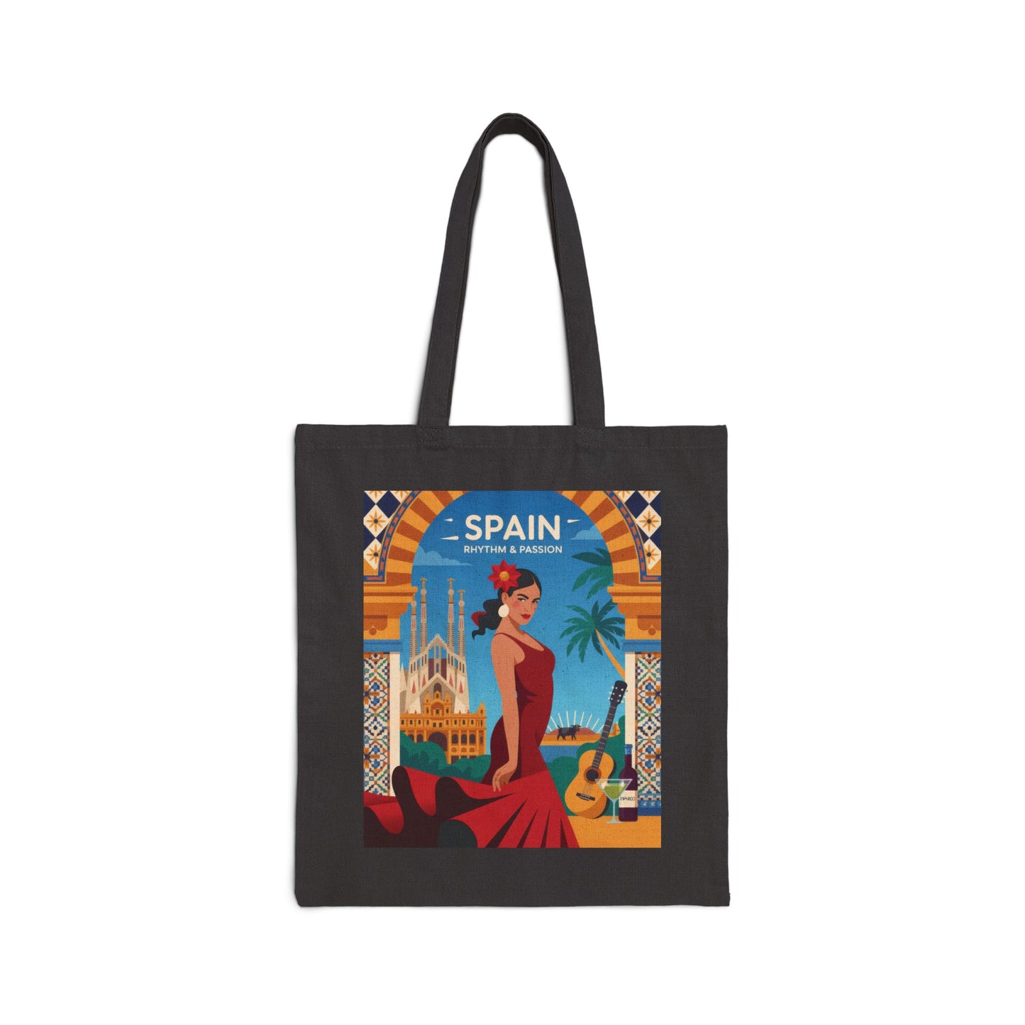 Spanish Rhythm Canvas Tote Bag, Eco-Friendly Shopper, Travel Essentials, Gift for Travelers, Sustainable Fashion