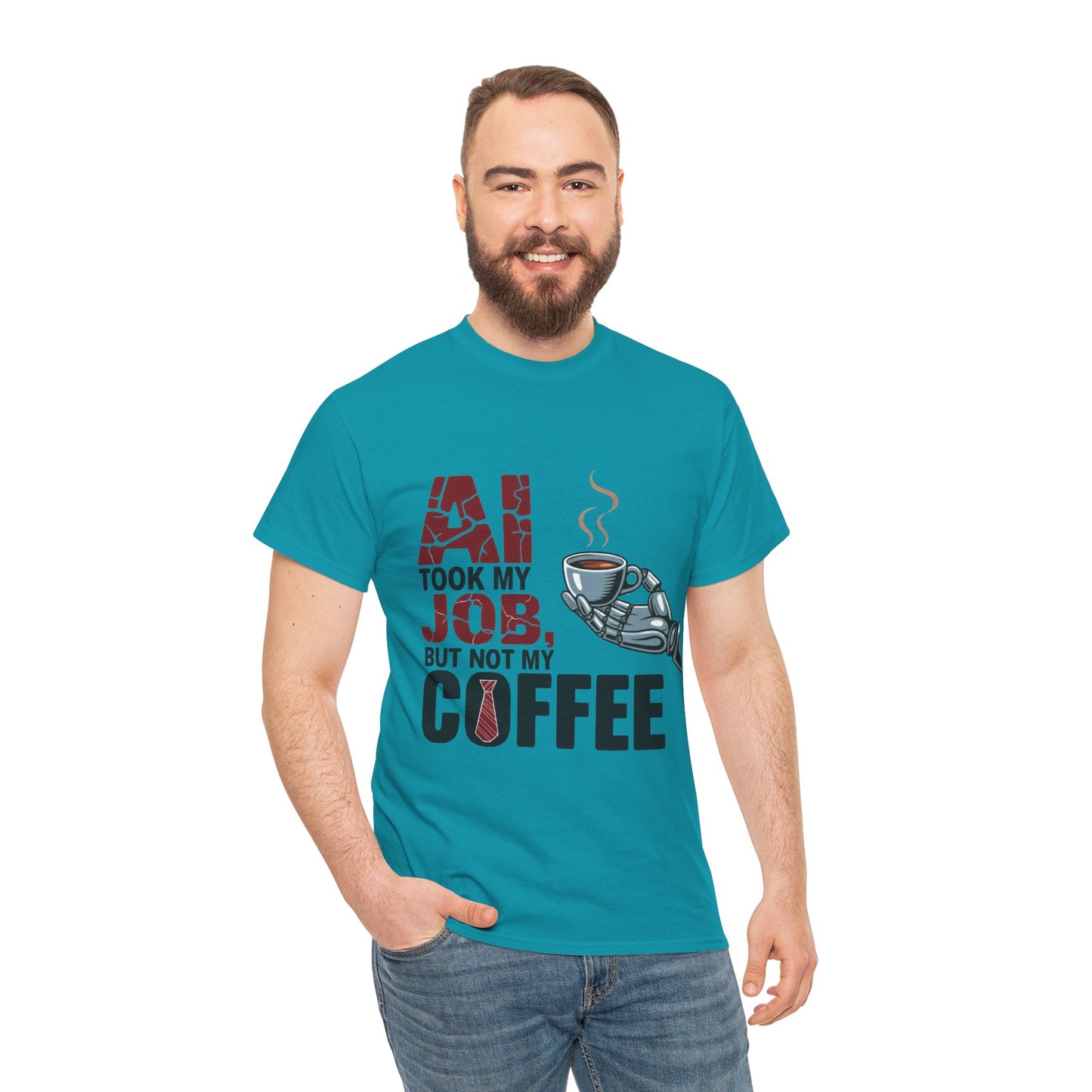 Men's AI Coffee T-Shirt, Funny Robot Humor Graphic Tee, Geek Job Joke Shirt for Him, Men's Heavy Cotton Tee, Sarcastic Work Shirt