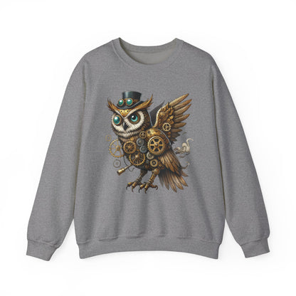 Steampunk Owl Unisex Crewneck Sweatshirt, Vintage Mechanical Gears Fantasy Bird Graphic Pullover, Gift for Owl Lovers