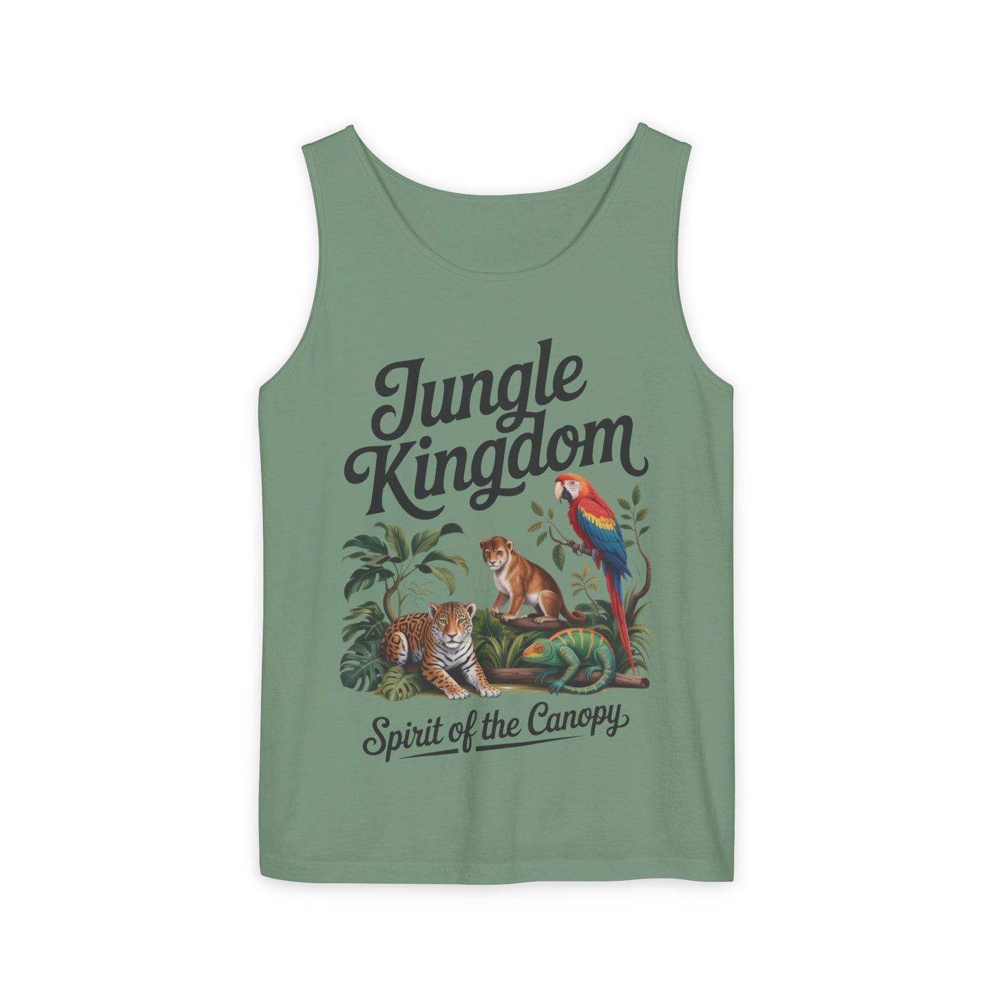 Jungle Kingdom Tank Top, Mens Garment-Dyed Sleeveless Shirt, Spirit of the Canopy Tee, Summer Outfit, Eco-Friendly Casual Wear