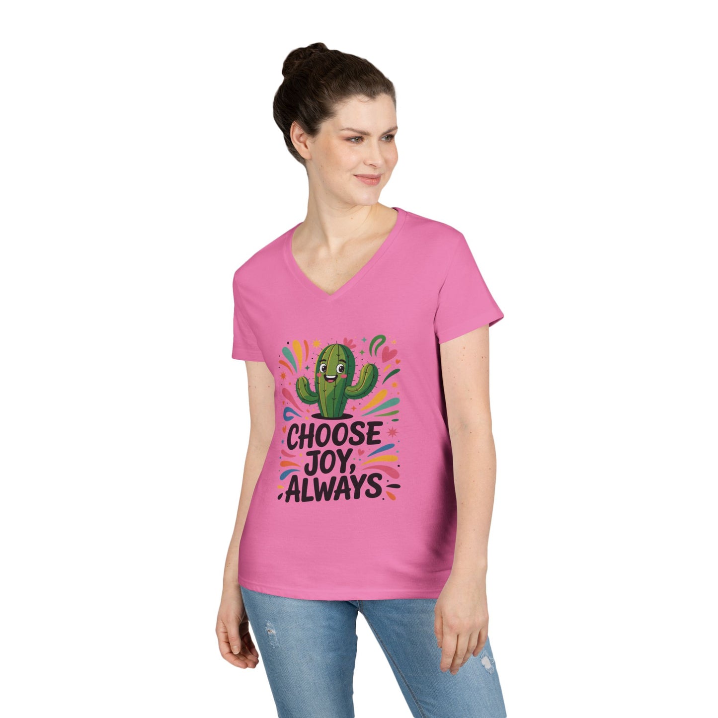 Choose Joy Cactus Ladies' V-Neck T-Shirt, Positive Vibe Shirt, Gift for Her, Summer Casual Tee, Inspirational Wear, Cute Graphic Top