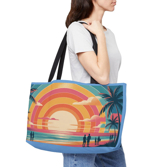 Retro Sunset Weekender Bag, Colorful Beach Tote, Large Palm Tree Travel Bag, Vintage Summer Vacation Gift