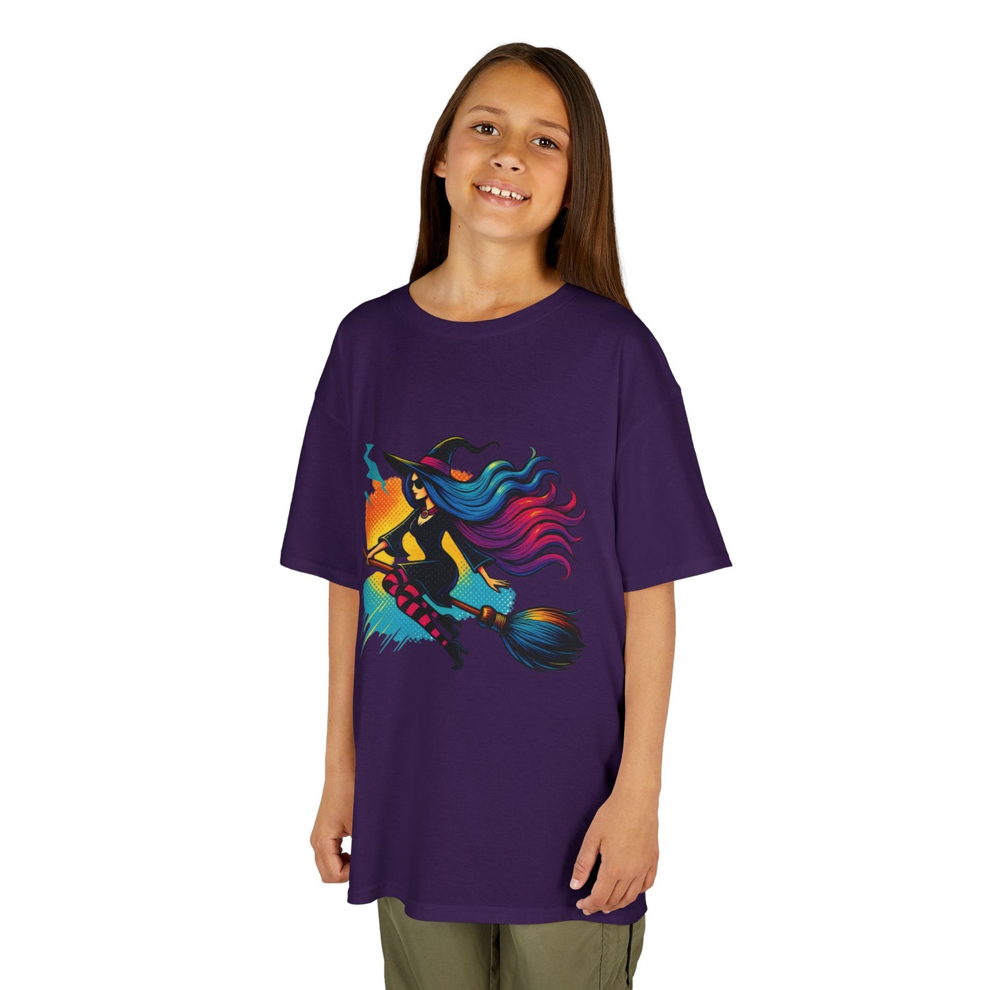 Girls Witch T-Shirt, Colorful Halloween Witch Graphic Tee for Kids, Fun Spooky Broomstick Shirt, Gift for Girls