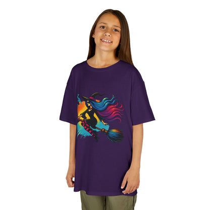 Girls Witch T-Shirt, Colorful Halloween Witch Graphic Tee for Kids, Fun Spooky Broomstick Shirt, Gift for Girls