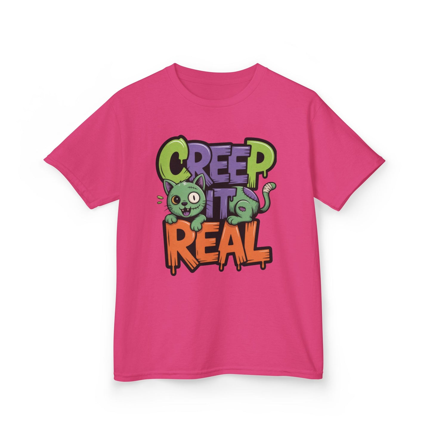 Creep It Real Kids Halloween Shirt, Cute Zombie Cat Graffiti Style T-Shirt for Boys & Girls