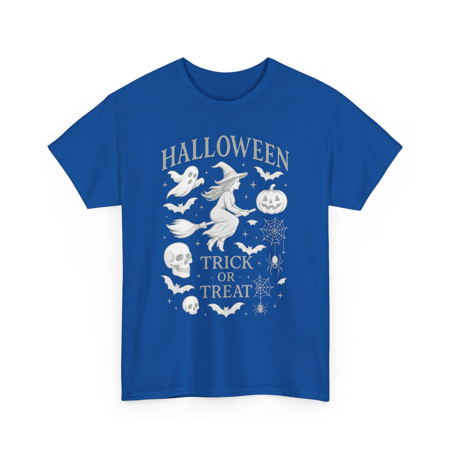 Halloween Witch Flying Broomstick T-Shirt, Trick or Treat Ghost Pumpkin Skull Spider Web Women's Tee