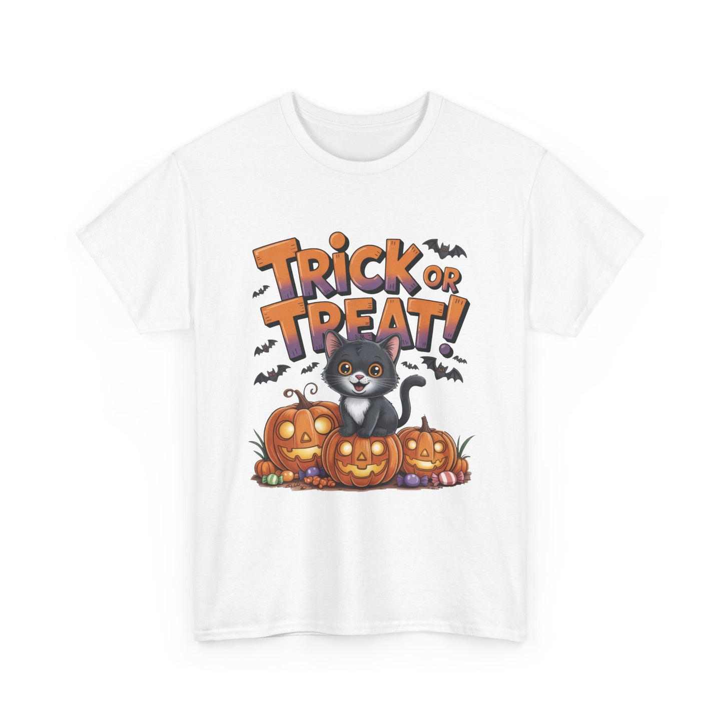 Cute Black Cat Trick or Treat Halloween T-Shirt for Women, Funny Pumpkin Cat Tee, Spooky Fall Shirt, Matching Family Halloween Shirts