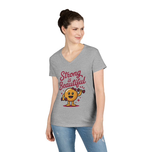 Ladies' V-Neck T-Shirt, Strong is Beautiful Womens Tee, Cute Fitness Character Tee, Inspirational Workout Shirt, Gym Motivation Gift for Her