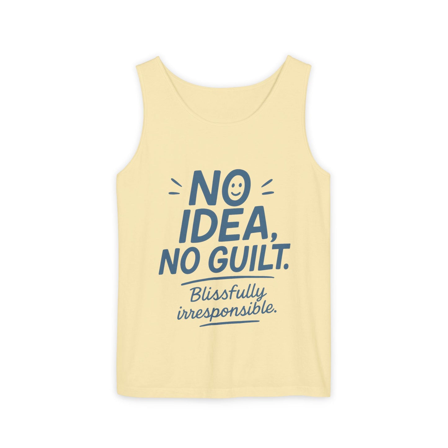 Womens No Guilt Tank Top, No Idea Funny Quote, Blissfully Irresponsible Workout Tee, Casual Sleeveless Top, Summer Activewear, Relaxed Style
