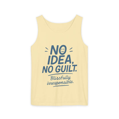 Womens No Guilt Tank Top, No Idea Funny Quote, Blissfully Irresponsible Workout Tee, Casual Sleeveless Top, Summer Activewear, Relaxed Style