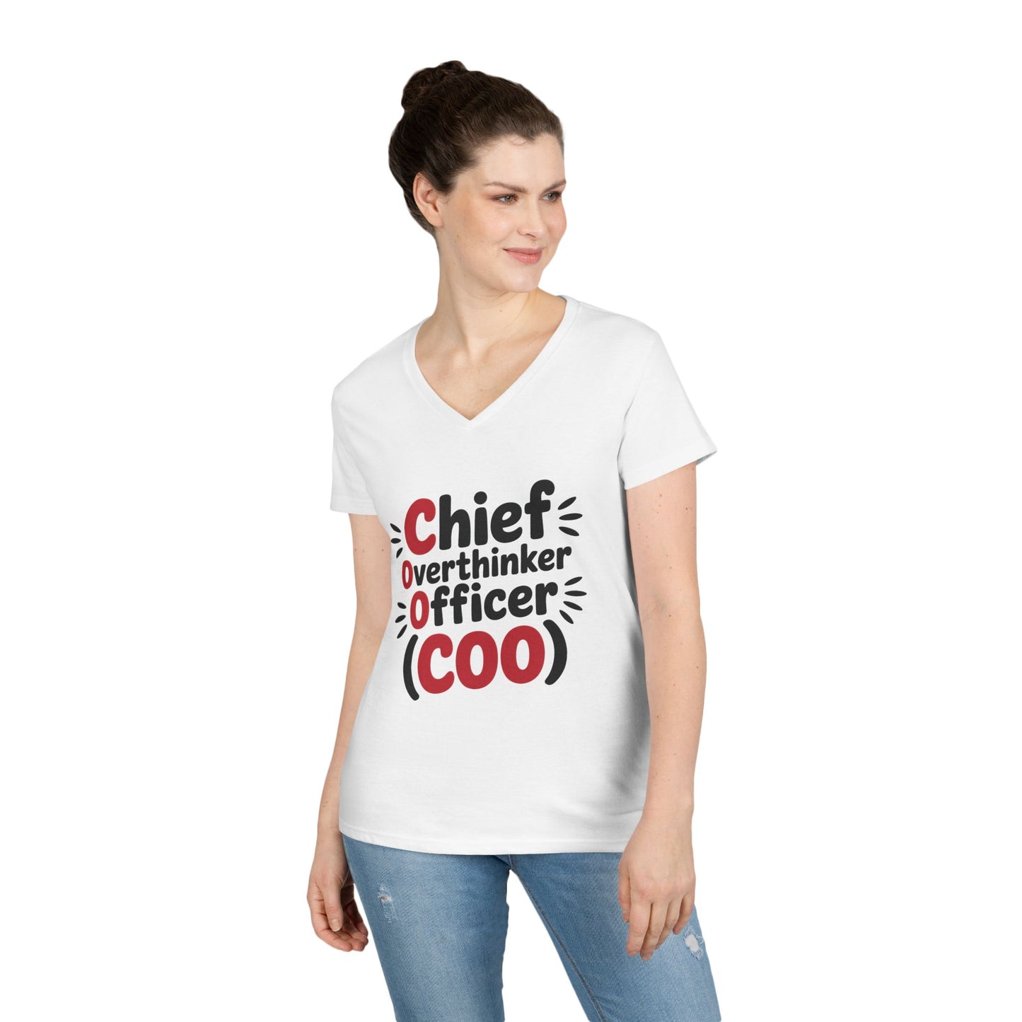 Ladies' V-Neck T-Shirt, Women's COO T-Shirt, Chief Overthinker Officer Funny Graphic Tee, Sarcastic Work Shirt