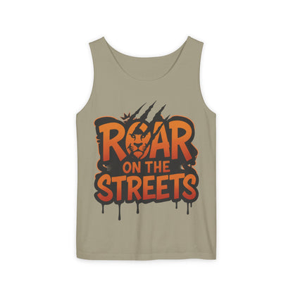 Mens Garment-Dyed Tank Top, Roar on the Streets Lion Graphic Mens Tank Top
