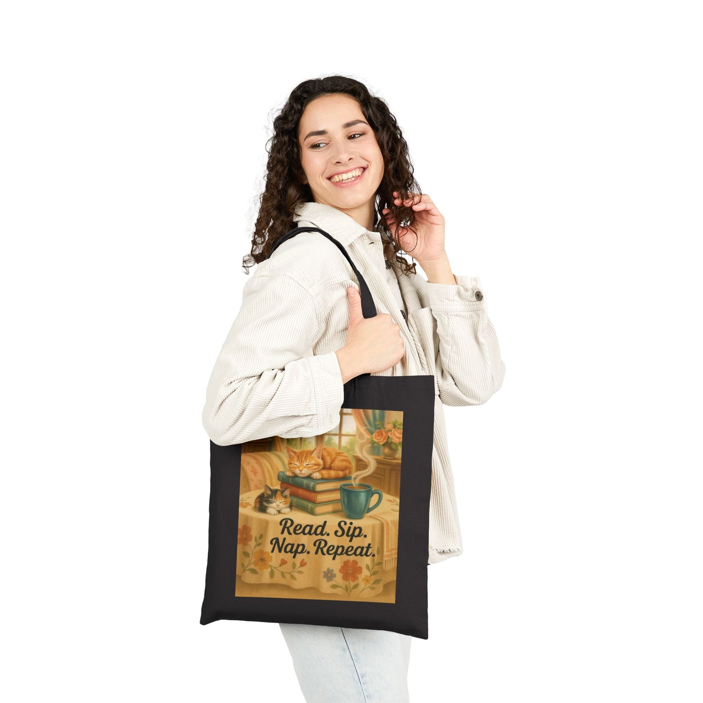 Cute Cotton Canvas Tote Bag - Read Sip Nap Repeat | Perfect for Book Lovers, Cat Lovers, Eco-Friendly Gift, Reusable Shopping Bag, Charming