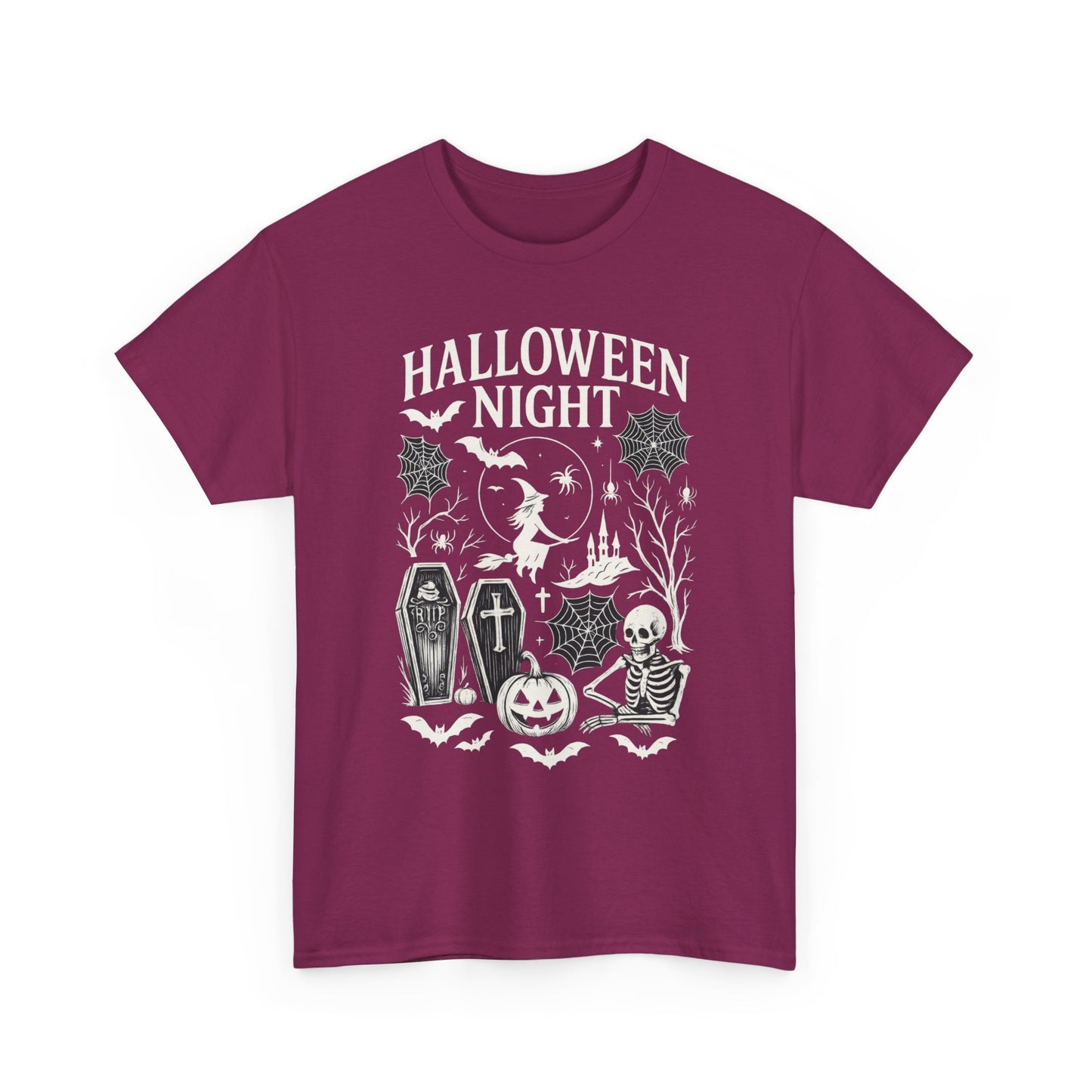 Halloween Night Women's T-Shirt, Gothic Witch Skeleton Pumpkin Tee, Spooky Scary Shirt for Halloween Party