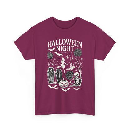 Halloween Night Women's T-Shirt, Gothic Witch Skeleton Pumpkin Tee, Spooky Scary Shirt for Halloween Party