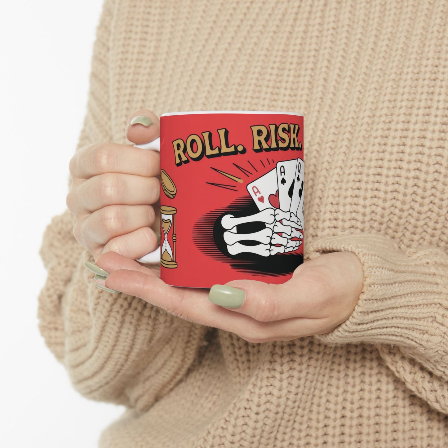 Roll Risk Repeat Poker Mug, Bold Tattoo Style Coffee Cup with Joker Card, Gambling Gift, Gothic Drinkware, Poker Lovers Mug