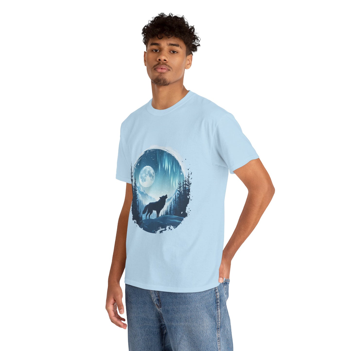 Howling Wolf Under Moonlight Men's T-Shirt, Full Moon Forest Scene Tee, Nature Lover Gift, Outdoor Adventure Clothing