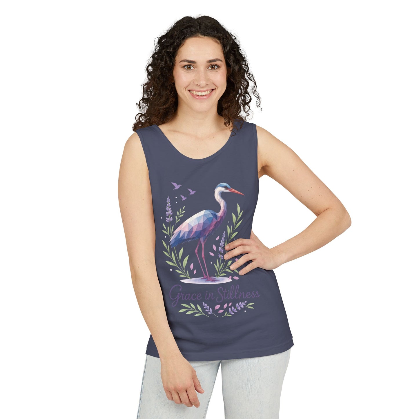 Polygonal Heron Graphic Tank, Womens Artistic Bird Summer Top, Geometric Crane, Bird Lovers Gift, Yoga Shirt, Fitness Apparel, Casual Wear