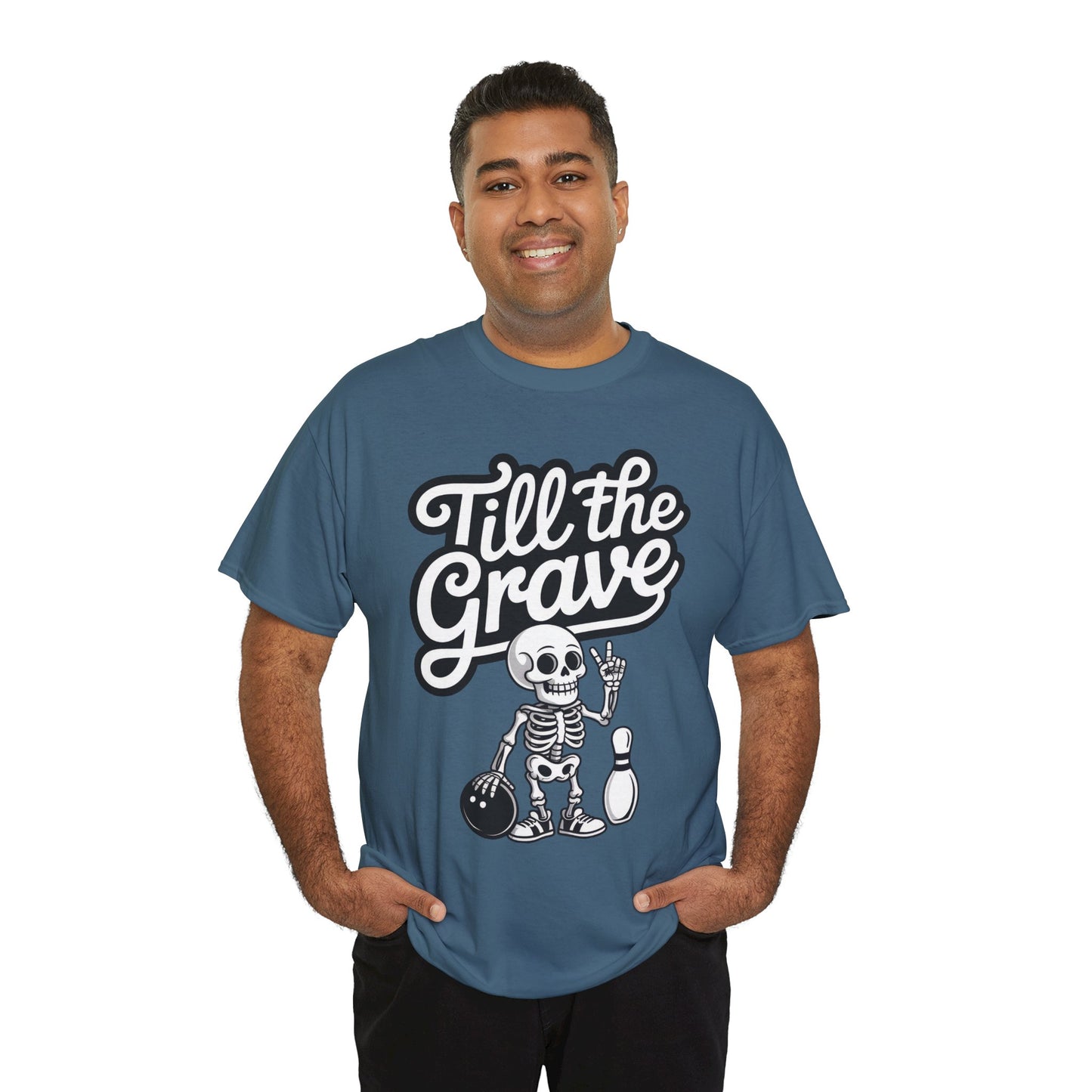 Skeleton Bowling Graphic Tee, Mens Heavy Cotton Tee, Funny Halloween Shirt, Gift for Bowlers, Retro Style Apparel, Casual Wear