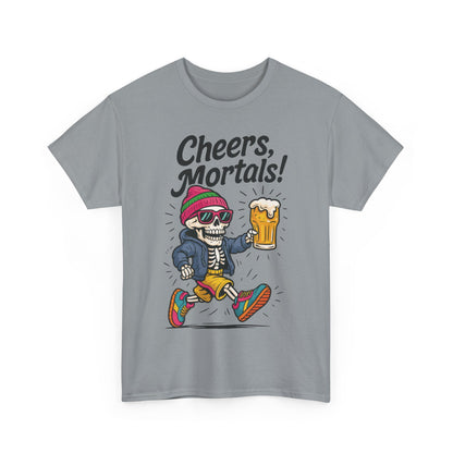 Cheers, Mortals! Mens Tee, Funny Skeleton Beer Graphic Tee, Cool Drinking Humor Shirt, Party Gift for Him, Halloween Tee,  Beer Lovers Gift