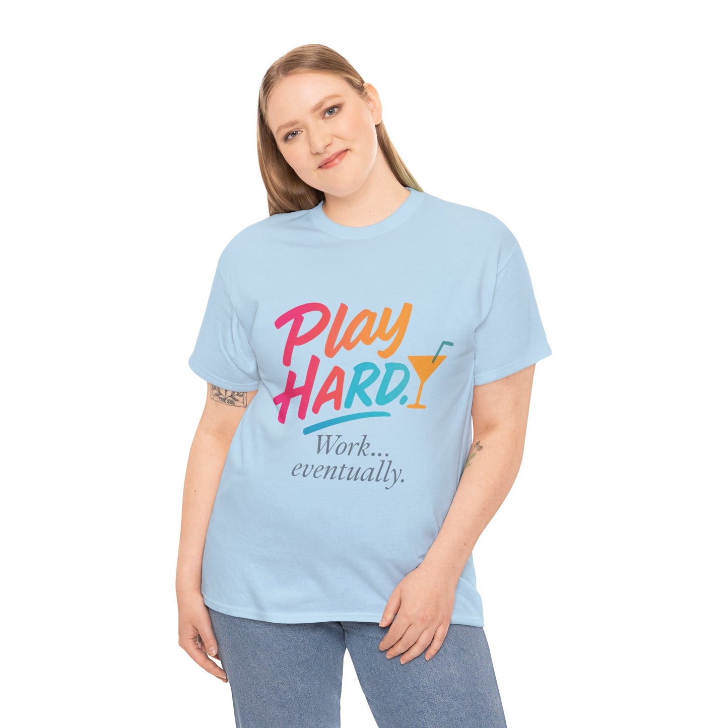 Play Hard Work Eventually T-Shirt, Funny Cocktail Graphic Tee, Pink Womens Party Shirt, Relaxed Vacation Top