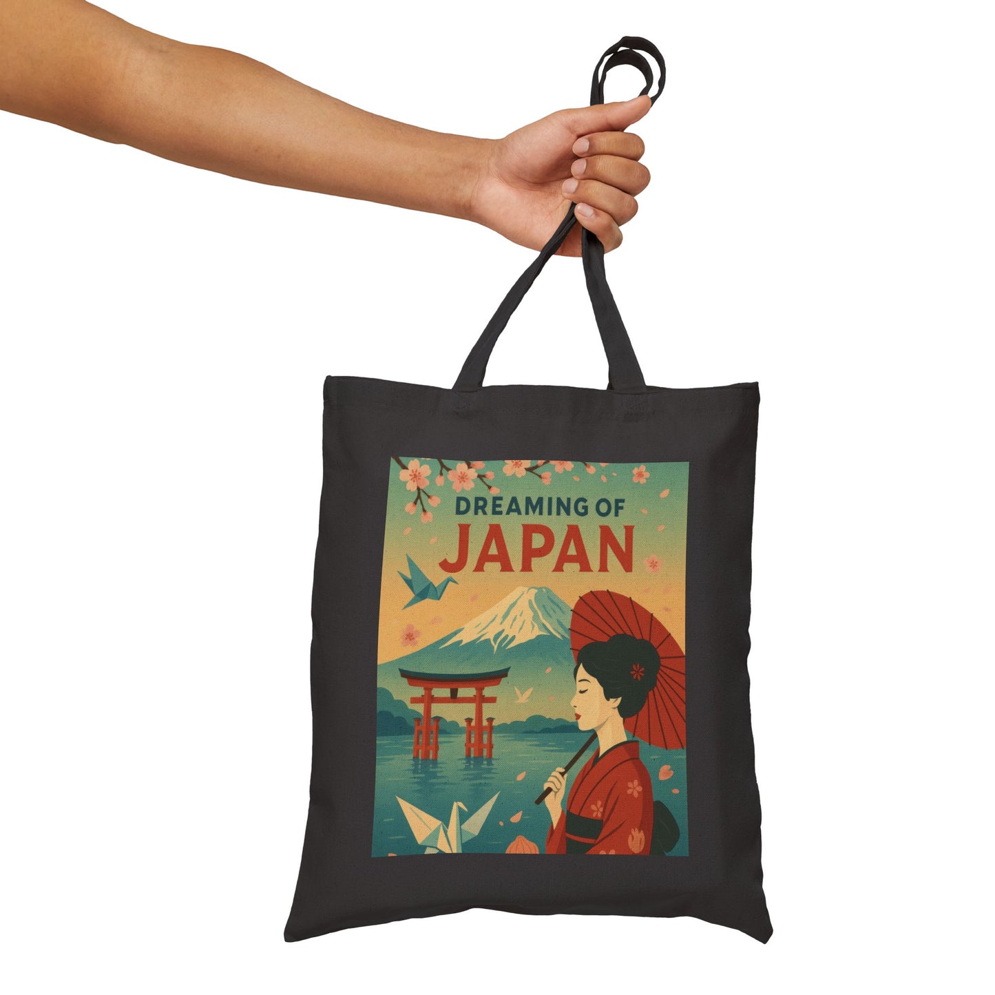 Dreaming of Japan Canvas Tote Bag, Eco-friendly Bag, Travel Tote, Gift for Travelers, Japanese Art Bag, Floral Design Bag