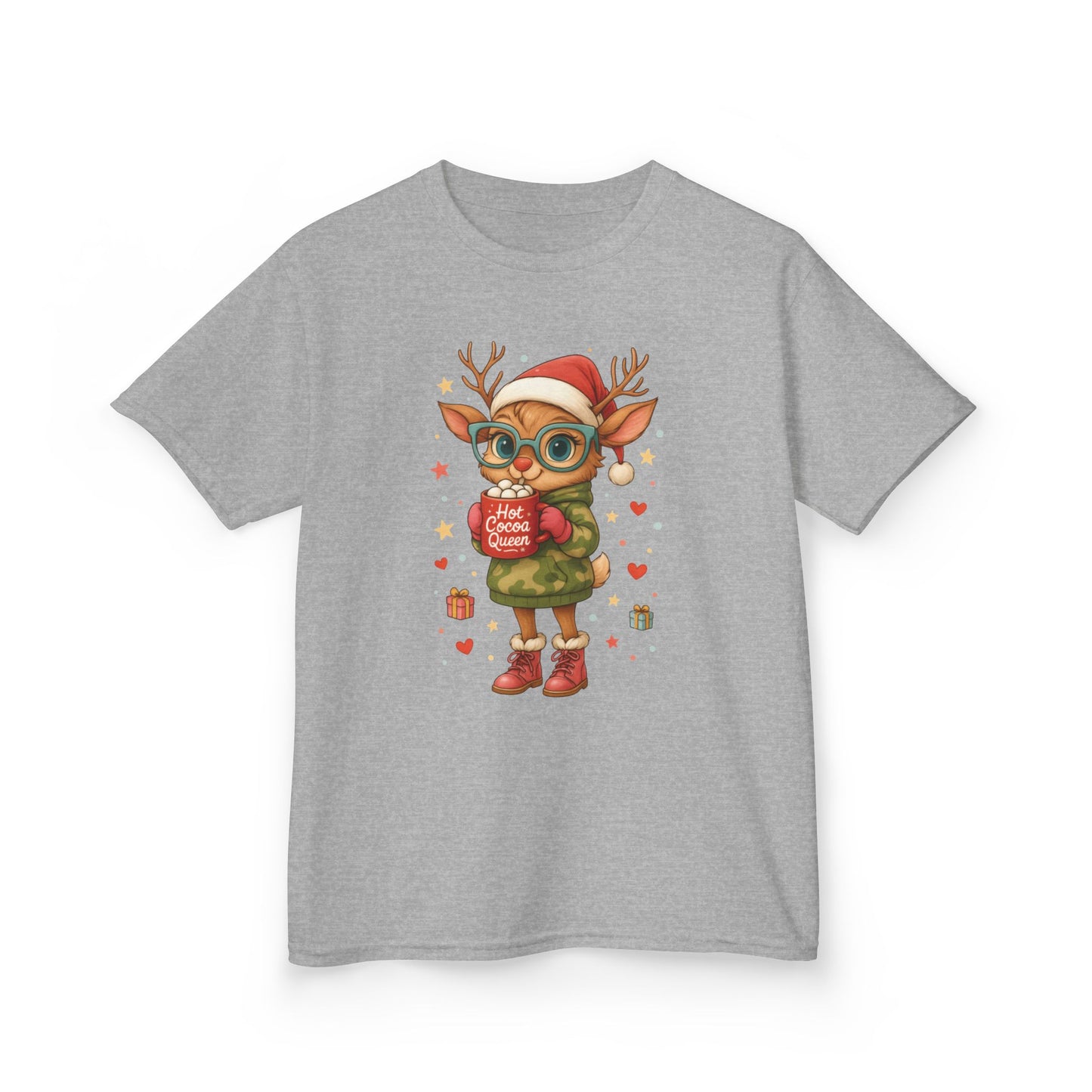 Hot Cocoa Queen Christmas T-Shirt for Girls, Cute Holiday Reindeer Tee