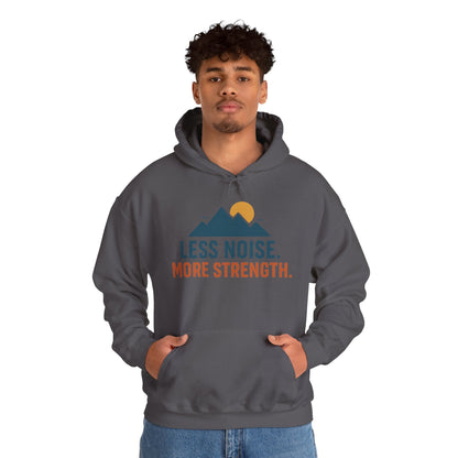 Men’s Less Noise More Strength Hoodie, Motivational Mountain Graphic Pullover, Mens Heavy Blend™ Hooded Sweatshirt