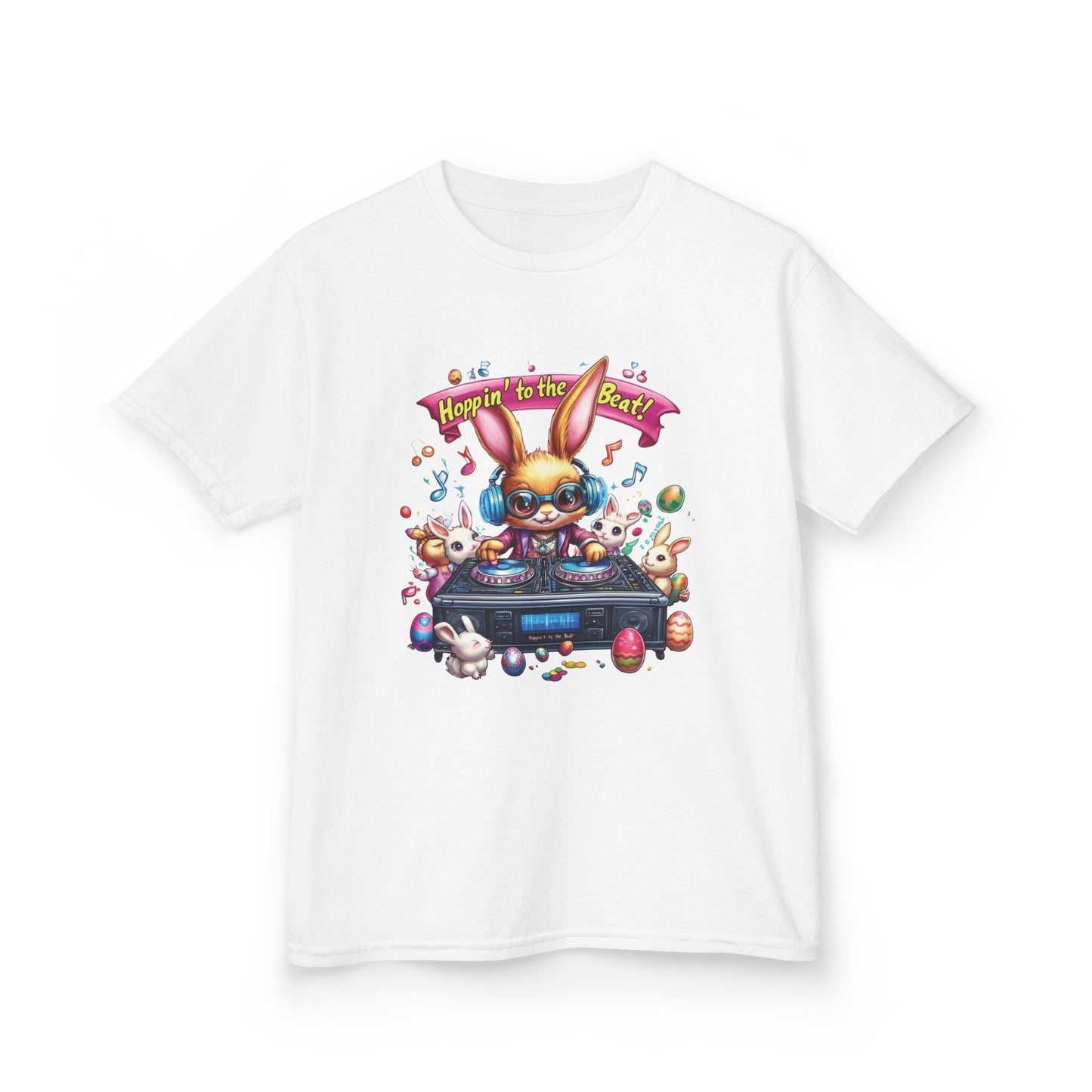 Kids Easter DJ Bunny T-Shirt Fun - Music Themed Spring Tee, Hoppin to the Beat Design, Colorful Holiday Shirt for Boys and Girls