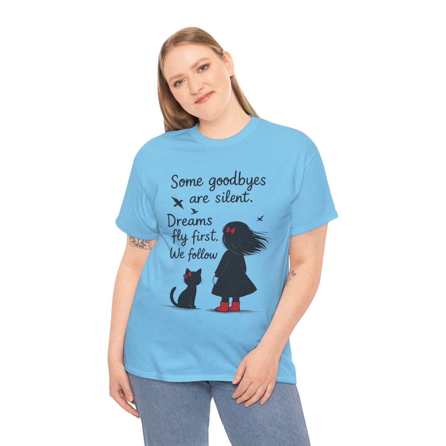 Emotional Hand Drawn Womens T-Shirt, Minimalist Red Dress Girl and Cat Graphic Tee, Cat Lover Gift