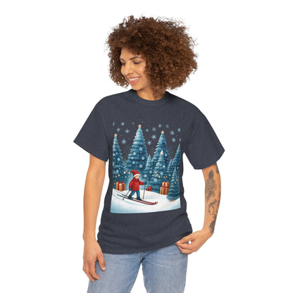 Womens Cute Winter Holiday Graphic Tee, Christmas Skiing T-Shirt, Women's Heavy Cotton Tee