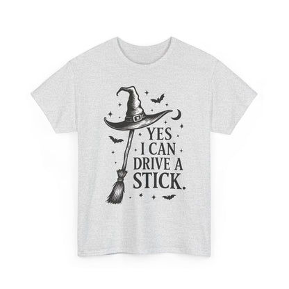 Yes I Can Drive a Stick Witch Hat Broom Halloween Women's T-Shirt, Funny Spooky Graphic Tee, Witch Shirt,