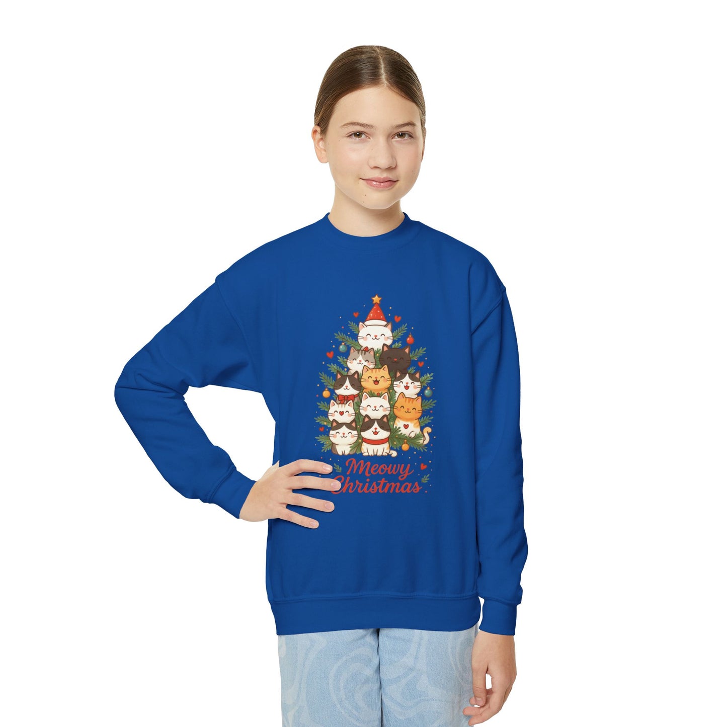Youth Meowy Christmas Cat Sweatshirt, Cute Holiday Kitty Jumper