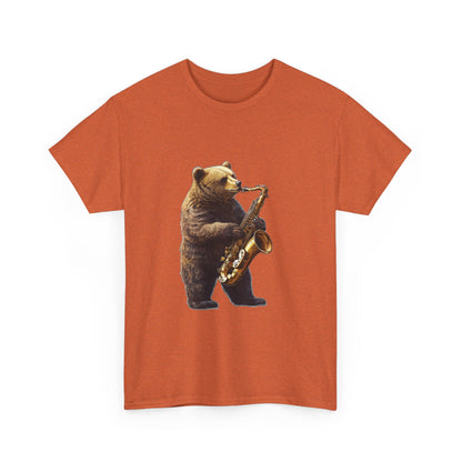 Saxophone Bear Unisex Heavy Cotton Tee, Music Lover Shirt, Gift for Musicians, Cute Animal Tee, Fun Jazz T-Shirt
