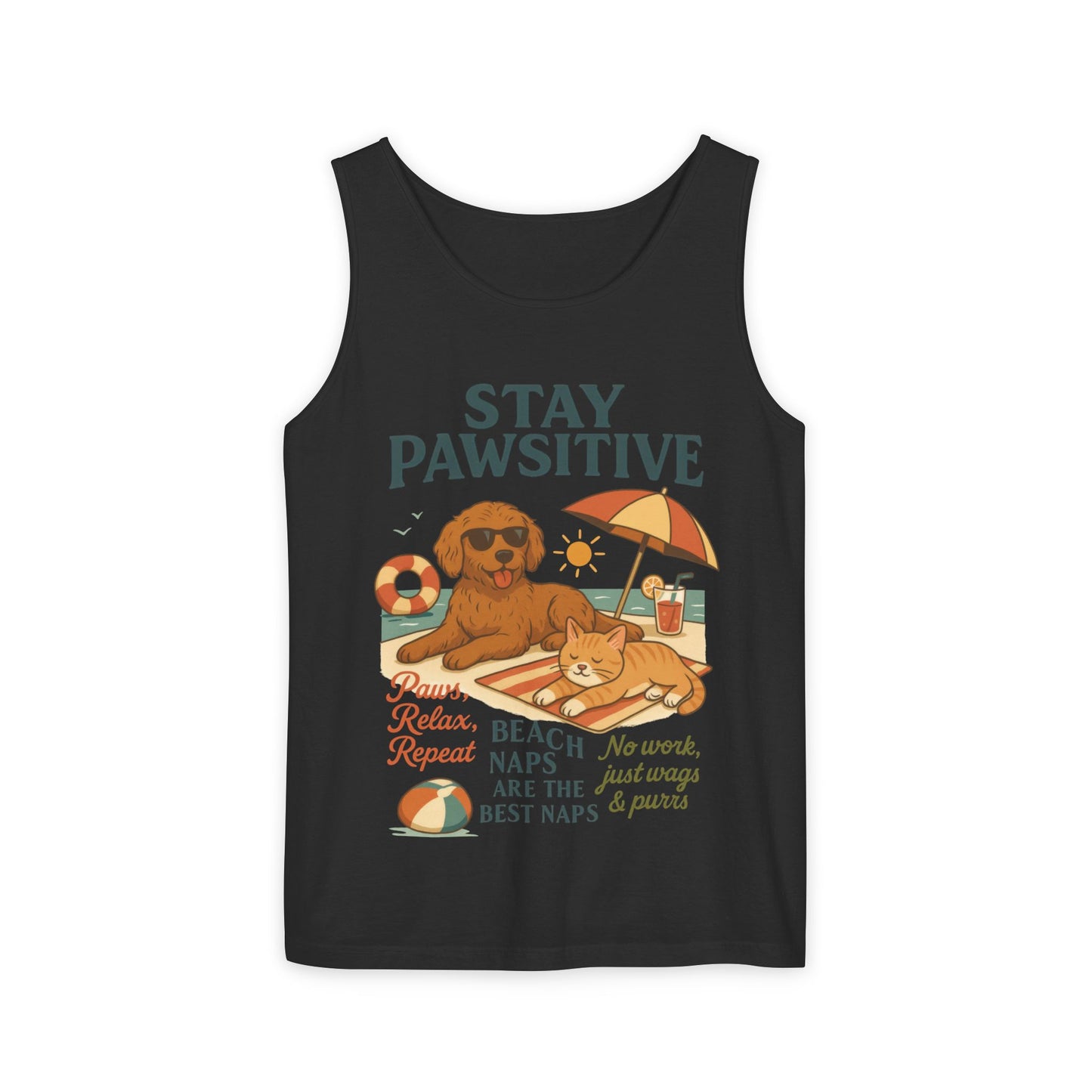 Stay Pawsitive Womens Tank, Cute Dog & Cat Beach Tee, Summer Pet Lover Tee, Animal Graphic Heavy Cotton Tee, Fun Pet Lovers Gift, Summer Top