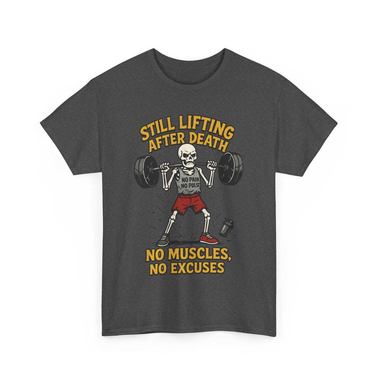 Funny Skeleton Gym T-Shirt, Still Lifting After Death, Funny Workout Shirt for Men, Fitness Gift, Halloween Apparel, Unisex Cotton Tee