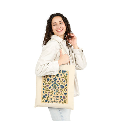 The Art of Quiet Power Tote Bag, Elegant Blue Floral Pattern Canvas Bag, Minimal Botanical Turkish Tile Inspired Gift Bag