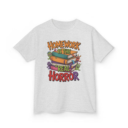 Kids Funny Homework Tee, Cute Monster School Shirt, Homework Is the Real Horror, Back to School Gift for Boys & Girls, Kids Halloween Tee
