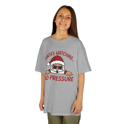 Santa's Watching No Pressure Kids Christmas T-Shirt, Funny Holiday Tee for Youth