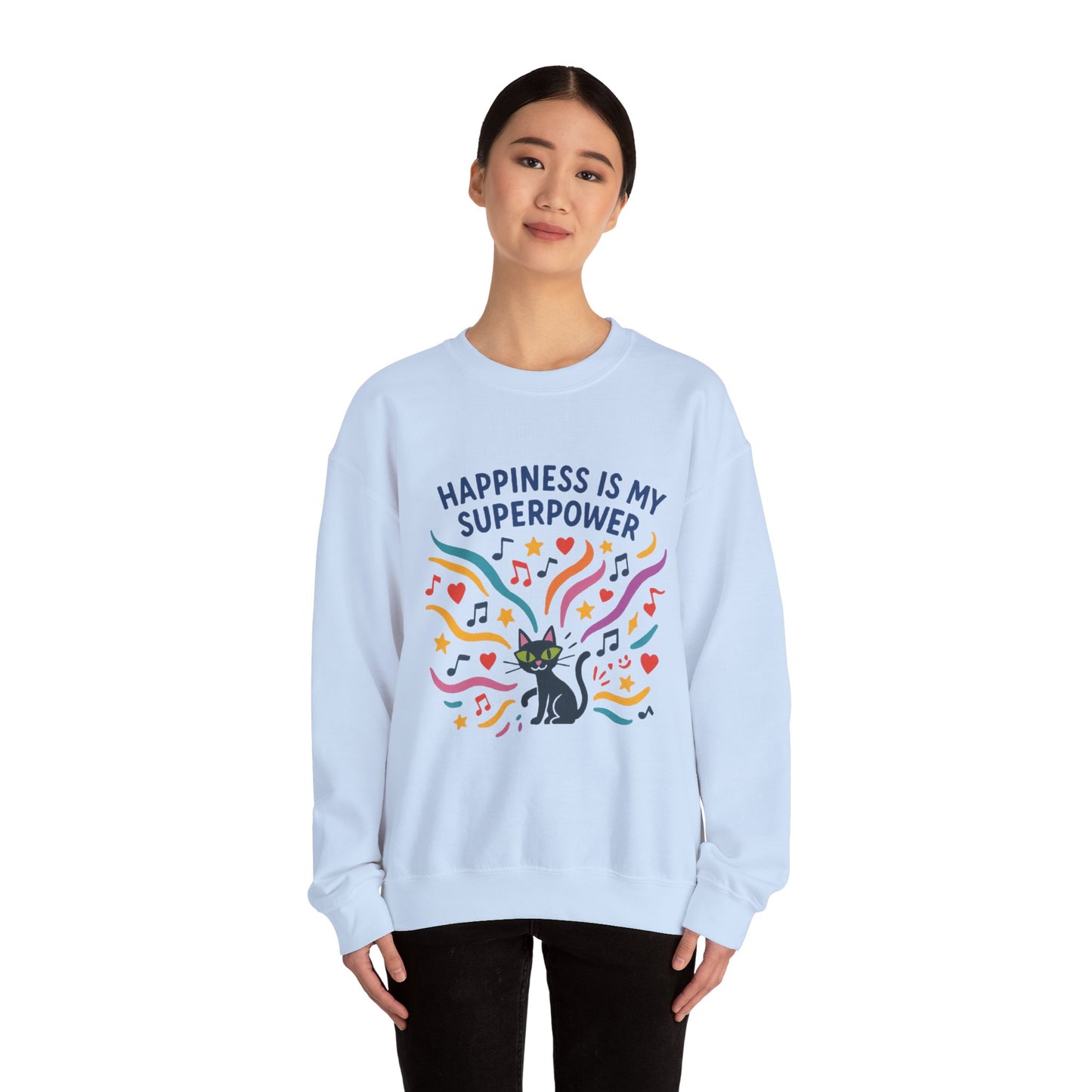 Playful Cat Crewneck Womens Sweatshirt, Happiness is My Superpower, Cozy Sweatshirt, Gift for Cat Lovers, Fun Casual Style, Unique Animal Design