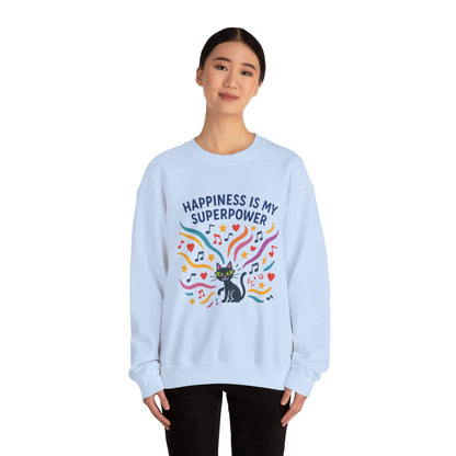Playful Cat Crewneck Womens Sweatshirt, Happiness is My Superpower, Cozy Sweatshirt, Gift for Cat Lovers, Fun Casual Style, Unique Animal Design