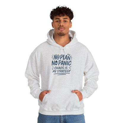 Funny Chaos Strategy Mens Hoodie, No Plan No Panic Quote Hoodie, Cozy Relaxed Fit Pullover, Humorous Gift for Him, Unisex Pullover