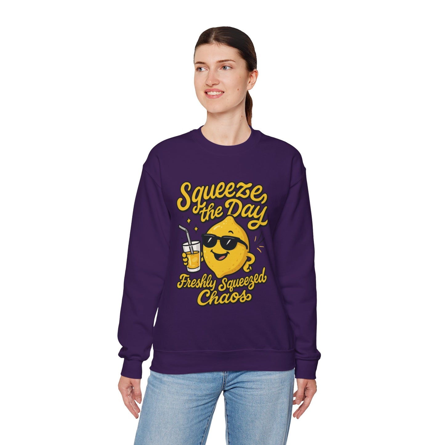 Funny Lemon Womens Sweatshirt - Squeeze The Day Freshly Squeezed Chaos Cozy Pullover - Citrus Positive Crewneck Sweatshirt, Cheerful Fashion
