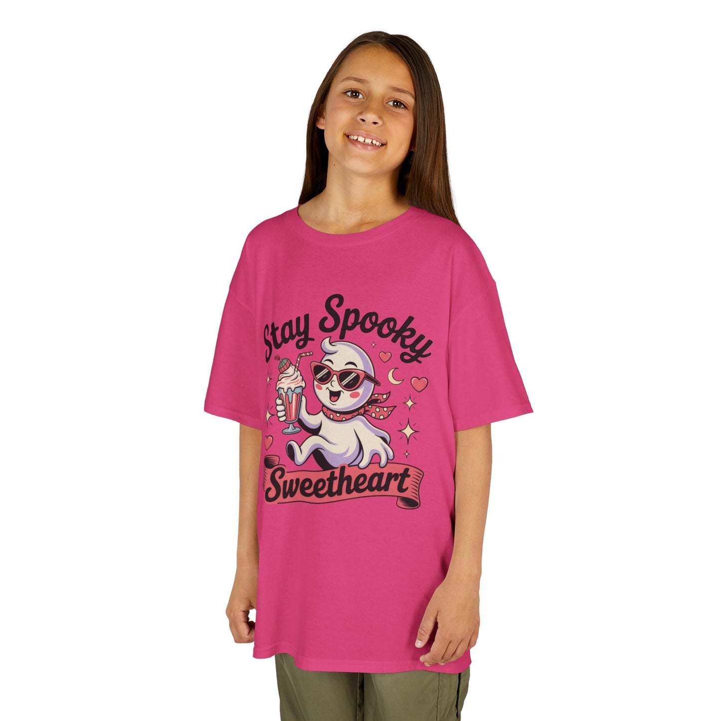 Girls Halloween Ghost T-Shirt, Stay Spooky Sweetheart Tee for Kids, Cute Retro Style Tween Girl Outfit Gift, Kids Heavy Cotton™ Tee