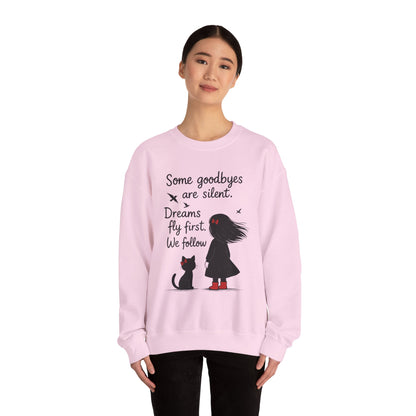 Cozy Farewell Girl & Cat Pullover, Hand Drawn Red Dress Art, Minimalist Womens Crewneck