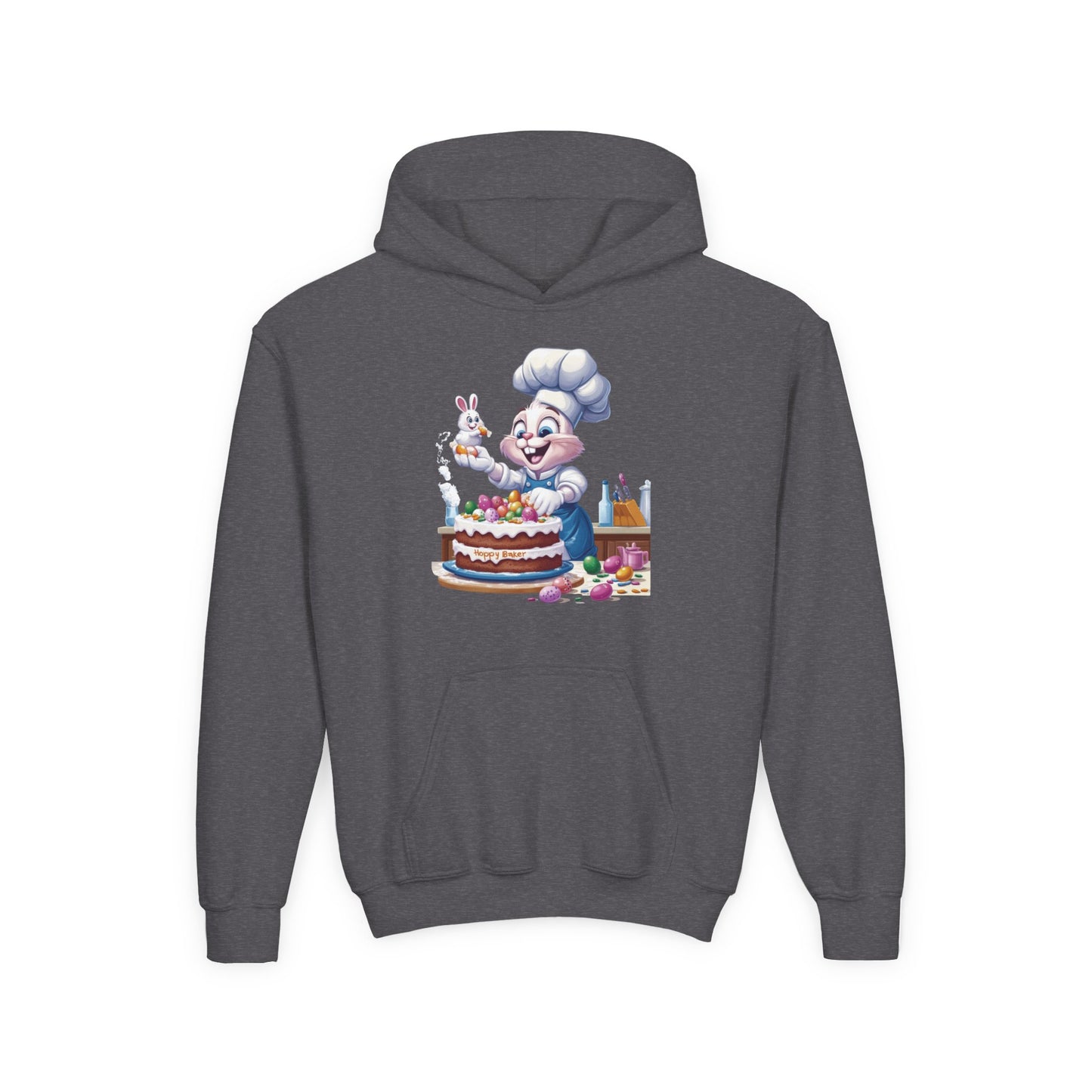 Hoppy Baker Easter Bunny Kids Hoodie - Cute Chef Bunny with Cake Design, Fun Spring Sweatshirt, Colorful Holiday Gift for Children