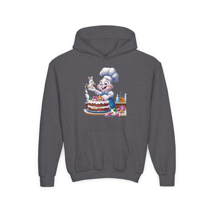 Hoppy Baker Easter Bunny Kids Hoodie - Cute Chef Bunny with Cake Design, Fun Spring Sweatshirt, Colorful Holiday Gift for Children