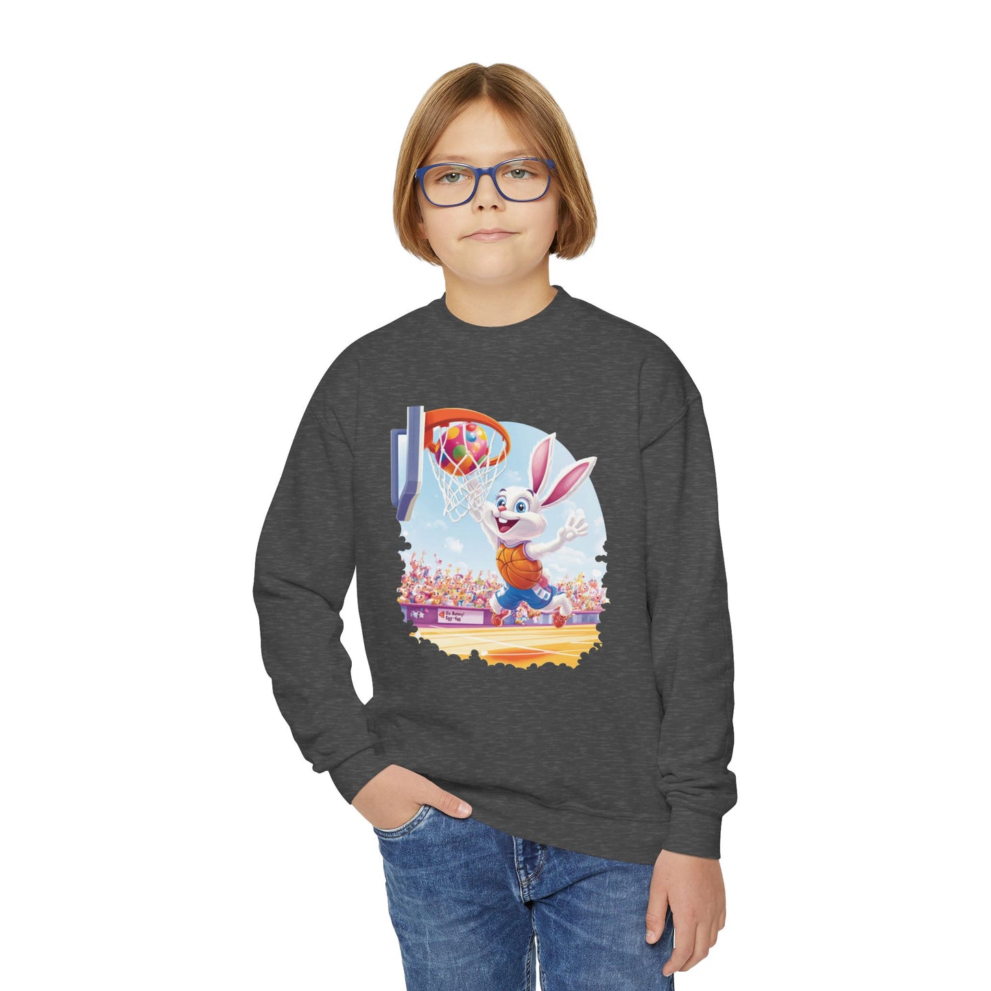 Easter Basketball Bunny Youth Sweatshirt - Cute Bunny Dunking Egg Ball, Fun Spring Sports Pullover for Kids, Easter Gift Idea, Fun Gym Wear